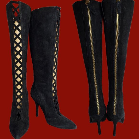 Y2K Nine West Black Suede Knee High Boots US Size 7.5 Pointed Toe Heels Zippers - Picture 1 of 11